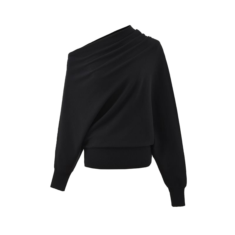 Off-Shoulder Knit Top with Long Sleeves and Solid Design