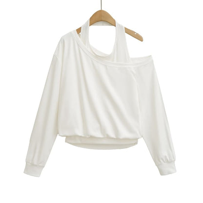 Cutout Shoulder Solid Crop Sweatshirt