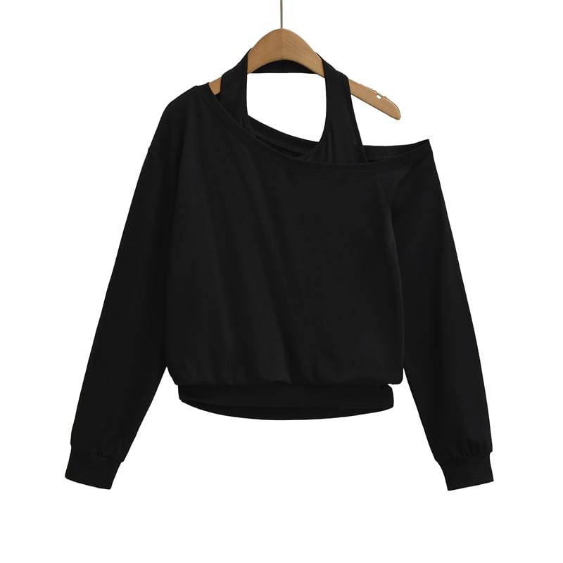 Cutout Shoulder Solid Crop Sweatshirt