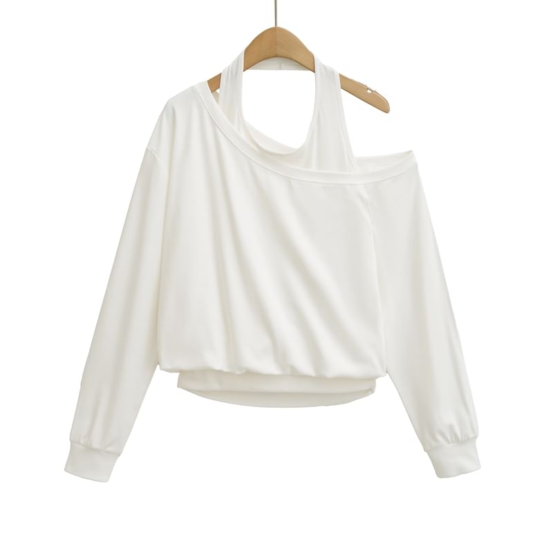 Cutout Shoulder Solid Crop Sweatshirt