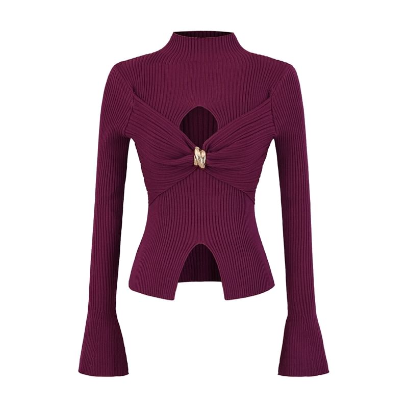 Cutout Crop Knit Top with Mock Neck and Long Sleeves