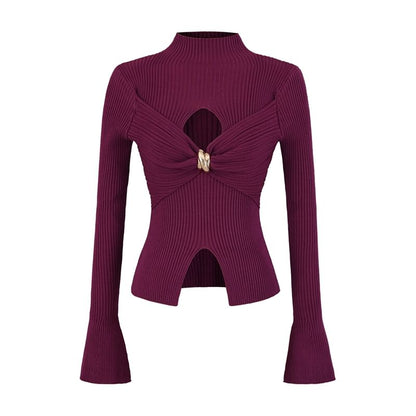 Cutout Crop Knit Top with Mock Neck and Long Sleeves