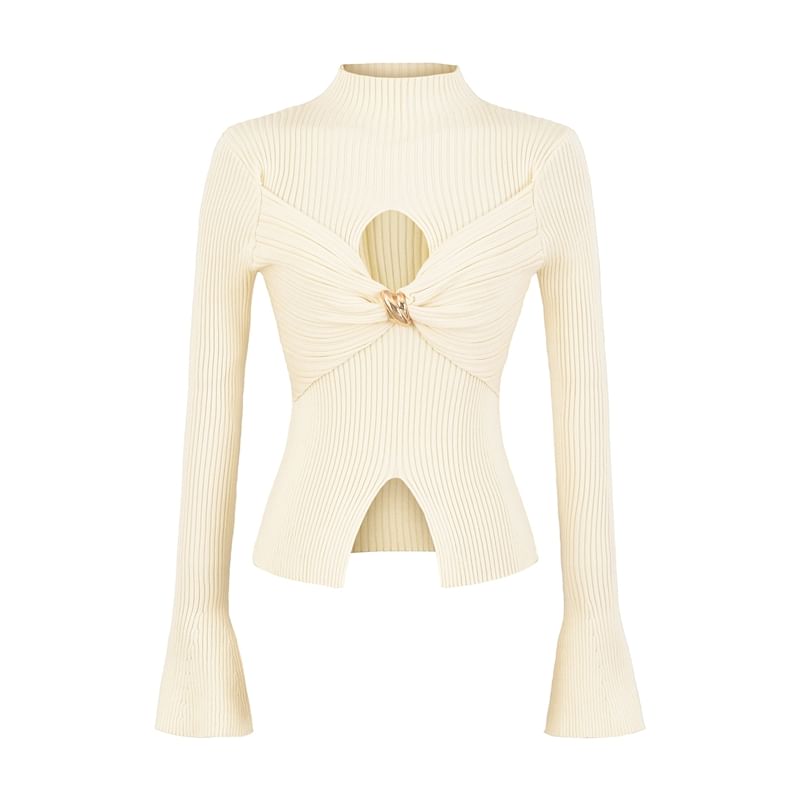 Cutout Crop Knit Top with Mock Neck and Long Sleeves