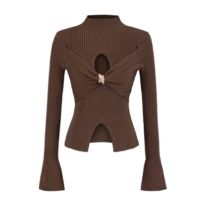 Cutout Crop Knit Top with Mock Neck and Long Sleeves