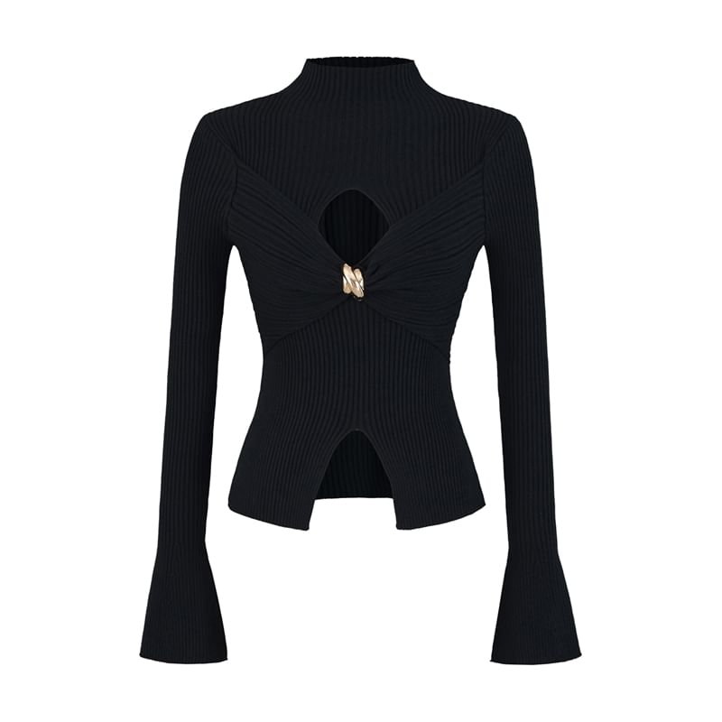 Cutout Crop Knit Top with Mock Neck and Long Sleeves