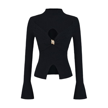 Cutout Crop Knit Top with Mock Neck and Long Sleeves