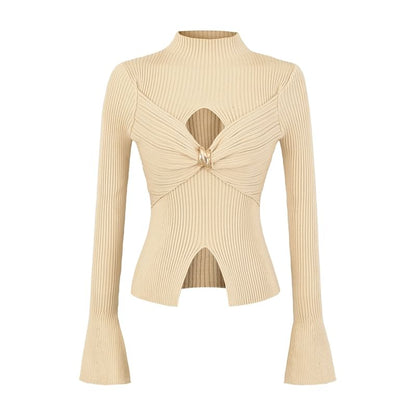 Cutout Crop Knit Top with Mock Neck and Long Sleeves