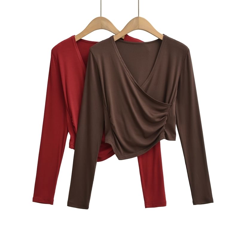 Ruched V-Neck Crop Shirt with Long Sleeves and Solid Color