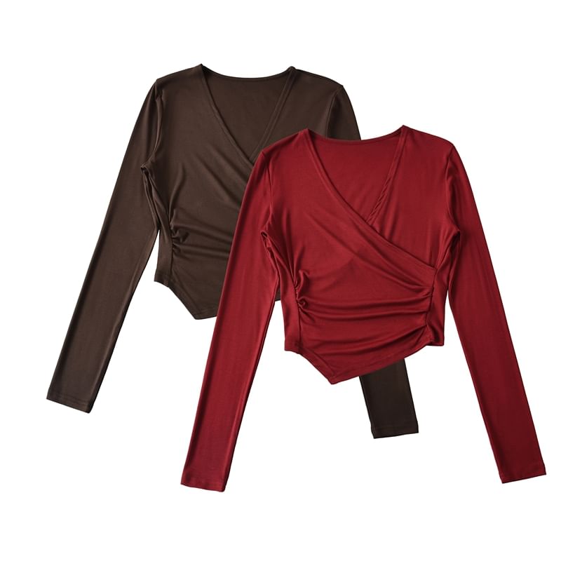 Ruched V-Neck Crop Shirt with Long Sleeves and Solid Color