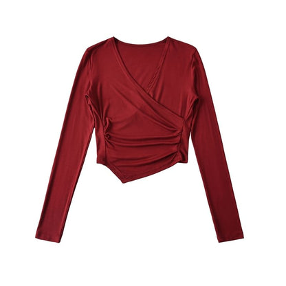 Ruched V-Neck Crop Shirt with Long Sleeves and Solid Color