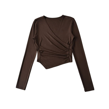 Ruched V-Neck Crop Shirt with Long Sleeves and Solid Color