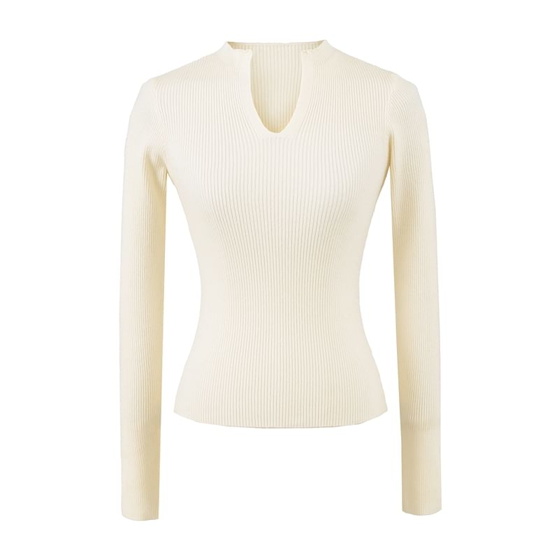 Ribbed Knit Long-Sleeve Tee with V-Neckline