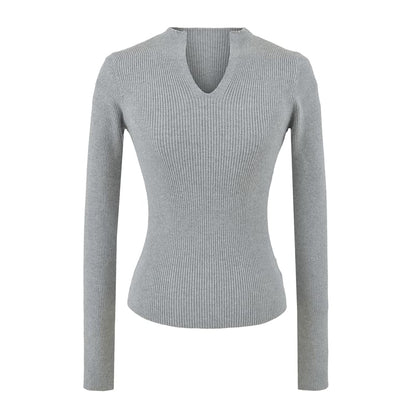 Ribbed Knit Long-Sleeve Tee with V-Neckline
