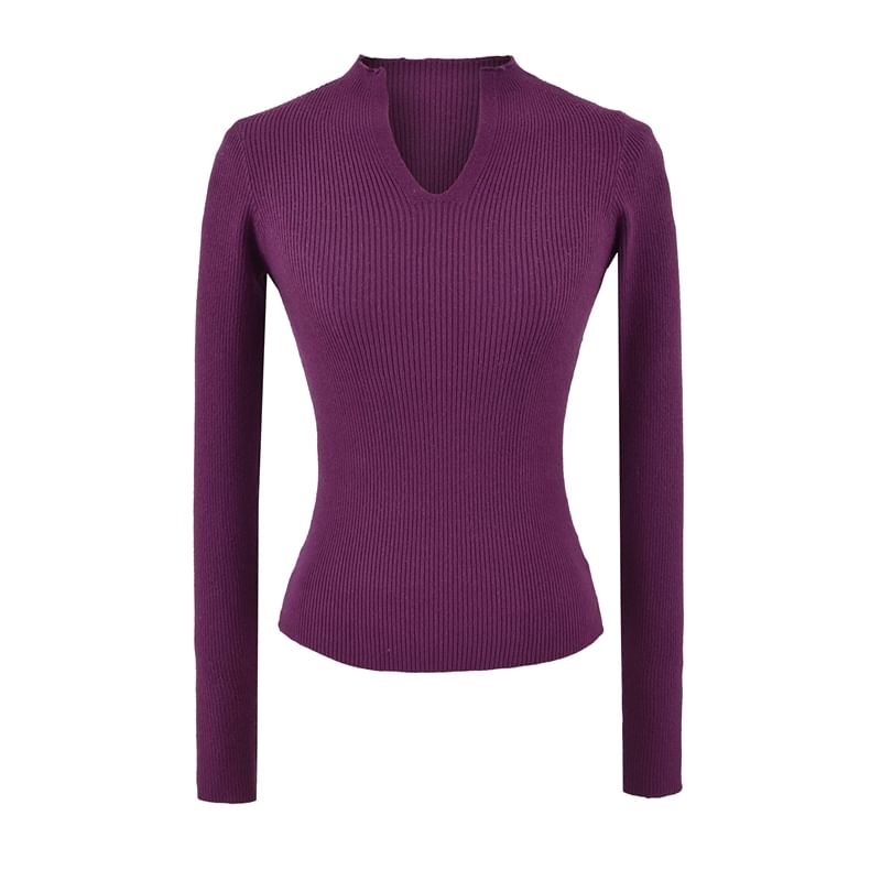 Ribbed Knit Long-Sleeve Tee with V-Neckline