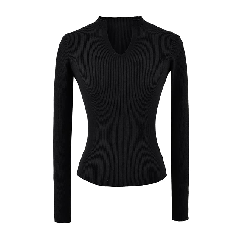 Ribbed Knit Long-Sleeve Tee with V-Neckline
