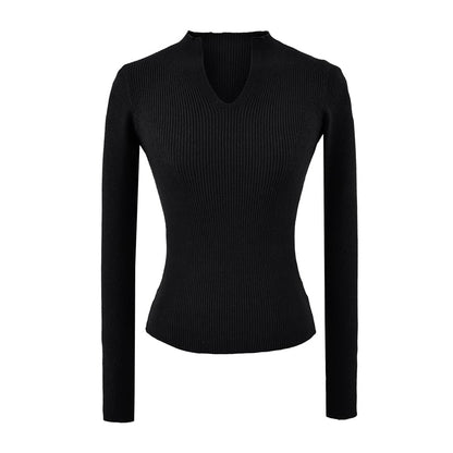 Ribbed Knit Long-Sleeve Tee with V-Neckline
