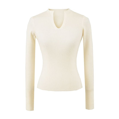 Ribbed Knit Long-Sleeve Tee with V-Neckline