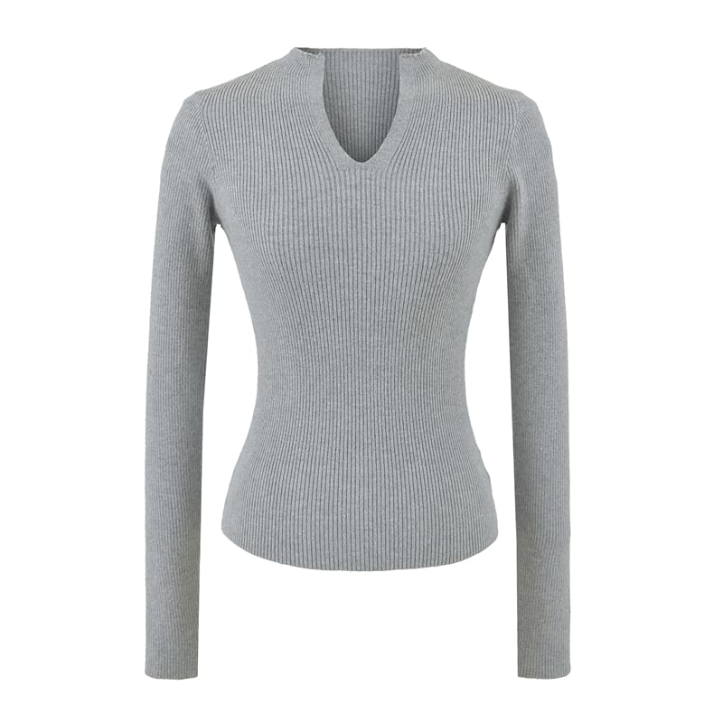 Ribbed Knit Long-Sleeve Tee with V-Neckline