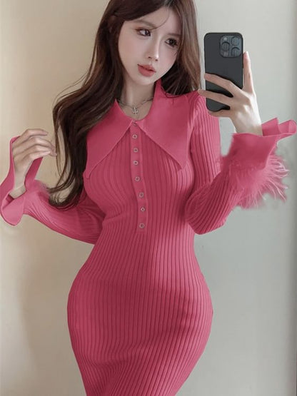 Long Sleeve Pointed Collar Plain Fluffy Trim Button Ribbed Knit Maxi Sheath Dress