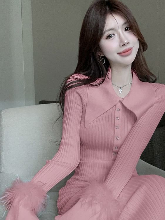 Long Sleeve Pointed Collar Plain Fluffy Trim Button Ribbed Knit Maxi Sheath Dress
