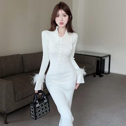 Long Sleeve Pointed Collar Plain Fluffy Trim Button Ribbed Knit Maxi Sheath Dress