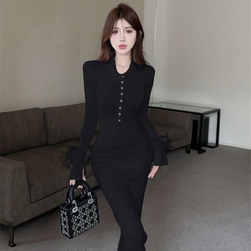 Long Sleeve Pointed Collar Plain Fluffy Trim Button Ribbed Knit Maxi Sheath Dress