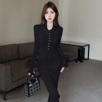 Long Sleeve Pointed Collar Plain Fluffy Trim Button Ribbed Knit Maxi Sheath Dress