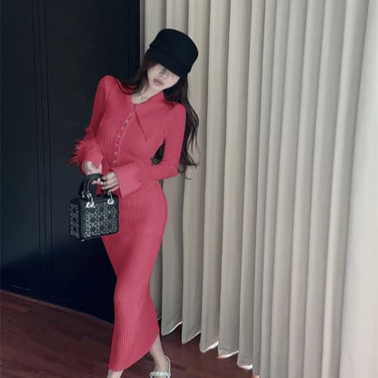 Long Sleeve Pointed Collar Plain Fluffy Trim Button Ribbed Knit Maxi Sheath Dress