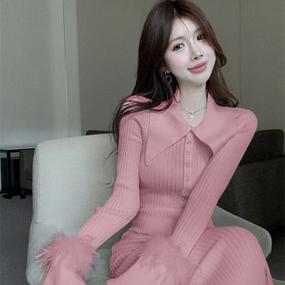 Long Sleeve Pointed Collar Plain Fluffy Trim Button Ribbed Knit Maxi Sheath Dress