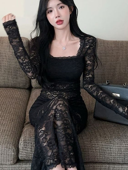 Long Sleeve Square Neck Plain Lace Maxi Sheath Dress