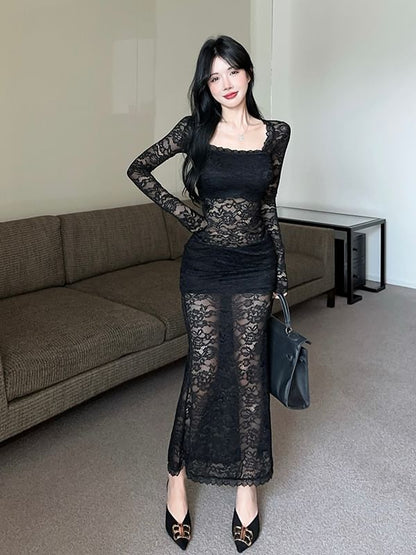 Long Sleeve Square Neck Plain Lace Maxi Sheath Dress