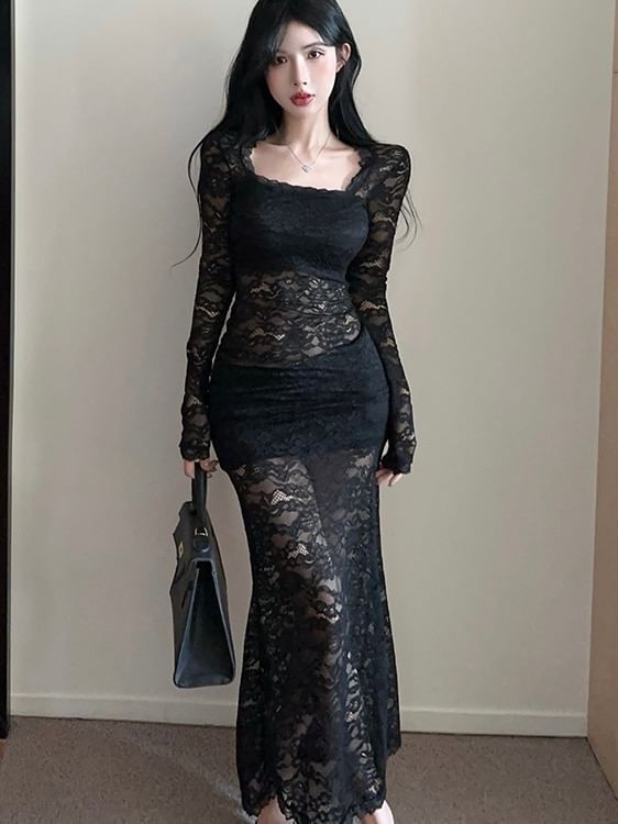 Long Sleeve Square Neck Plain Lace Maxi Sheath Dress