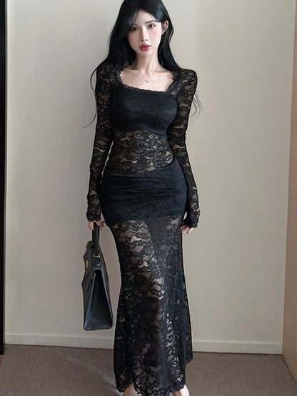 Long Sleeve Square Neck Plain Lace Maxi Sheath Dress