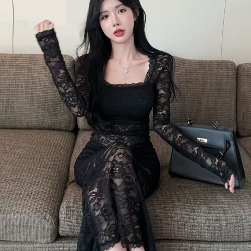 Long Sleeve Square Neck Plain Lace Maxi Sheath Dress