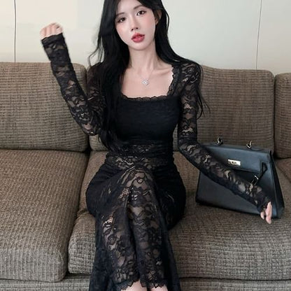 Long Sleeve Square Neck Plain Lace Maxi Sheath Dress