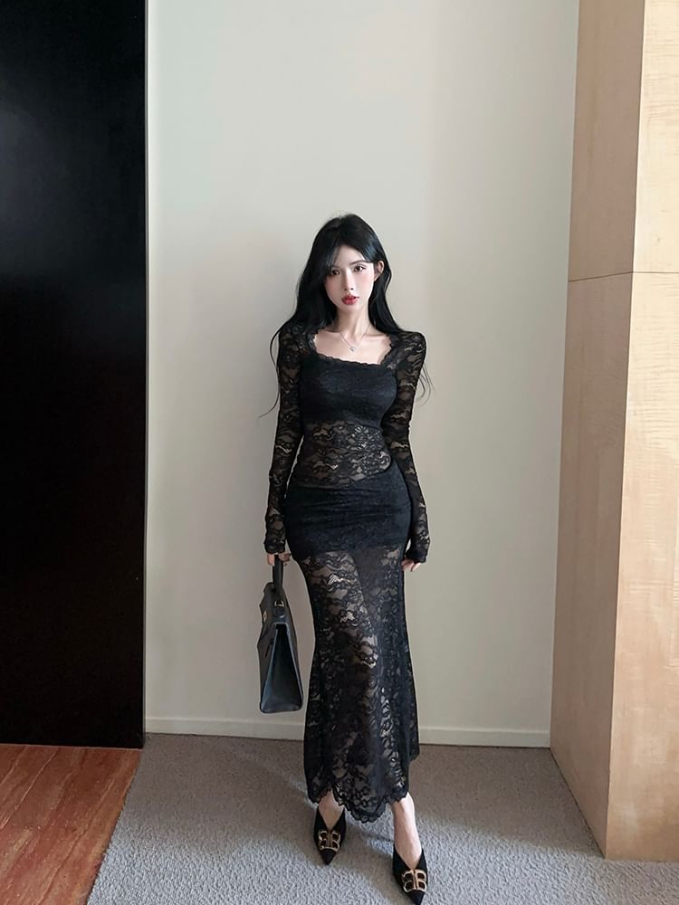 Long Sleeve Square Neck Plain Lace Maxi Sheath Dress