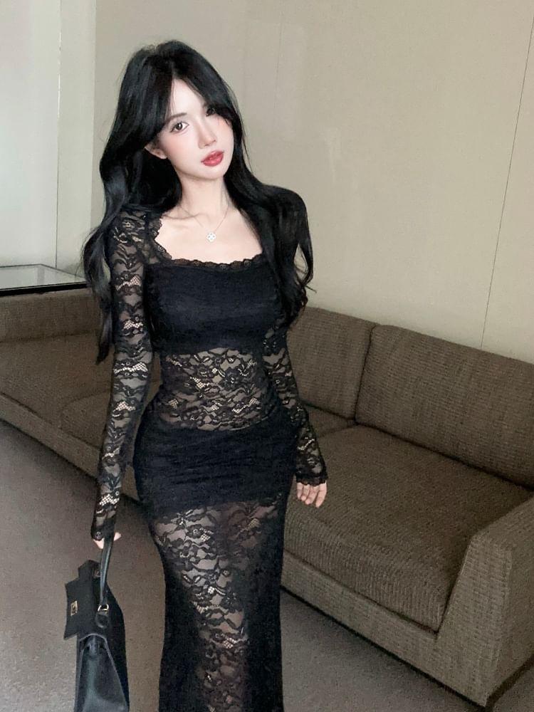 Long Sleeve Square Neck Plain Lace Maxi Sheath Dress