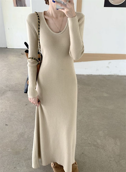 Long-Sleeve V-Neck Maxi A-Line Knit Dress