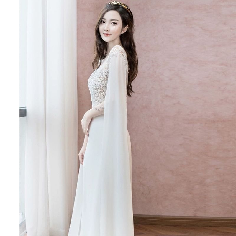 Maxi Sleeve Square Neck Plain Panel Lace A-Line Wedding Gown