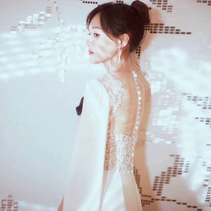 Maxi Sleeve Square Neck Plain Panel Lace A-Line Wedding Gown