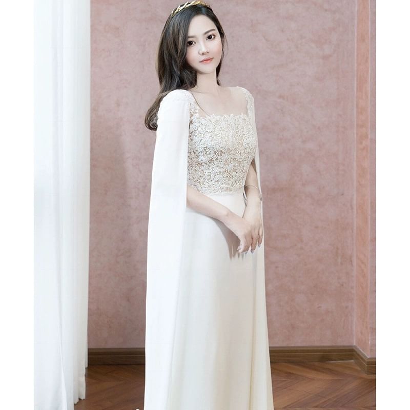 Maxi Sleeve Square Neck Plain Panel Lace A-Line Wedding Gown