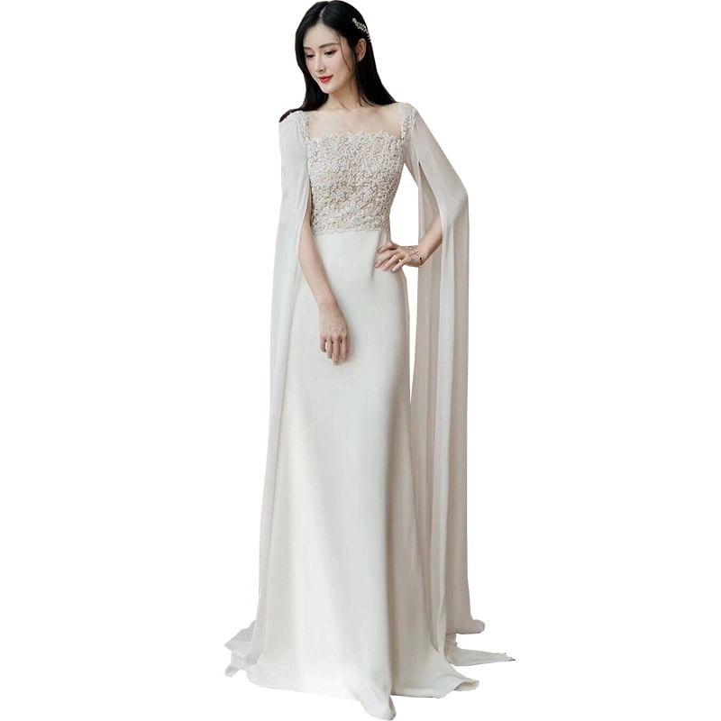 Maxi Sleeve Square Neck Plain Panel Lace A-Line Wedding Gown
