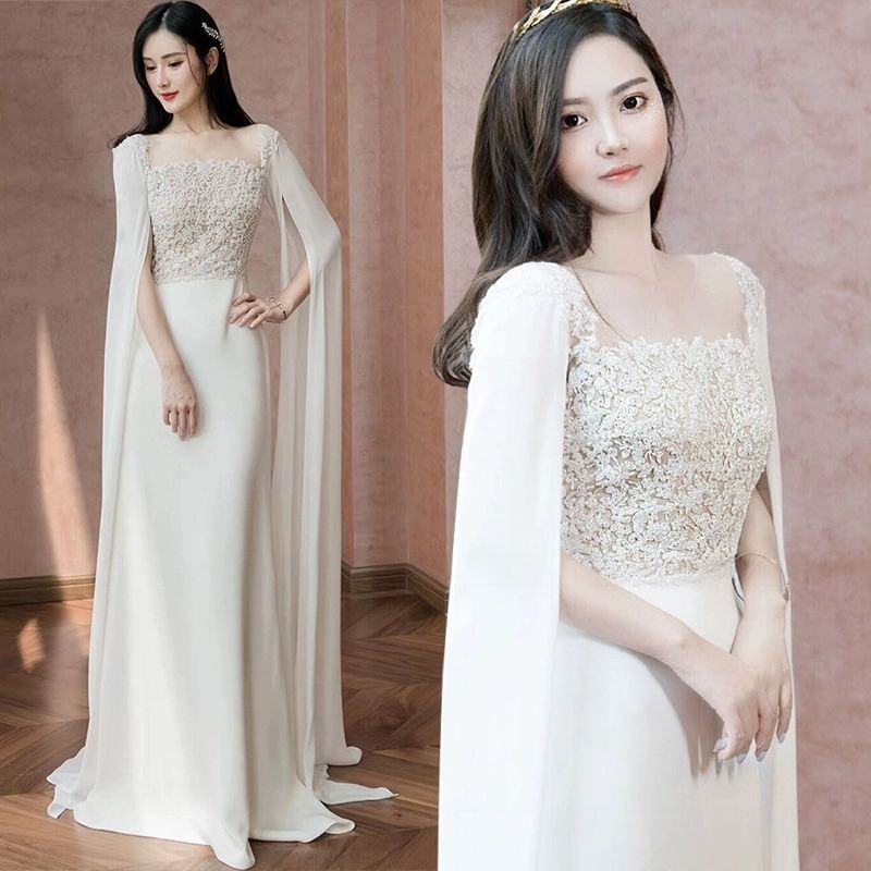 Maxi Sleeve Square Neck Plain Panel Lace A-Line Wedding Gown