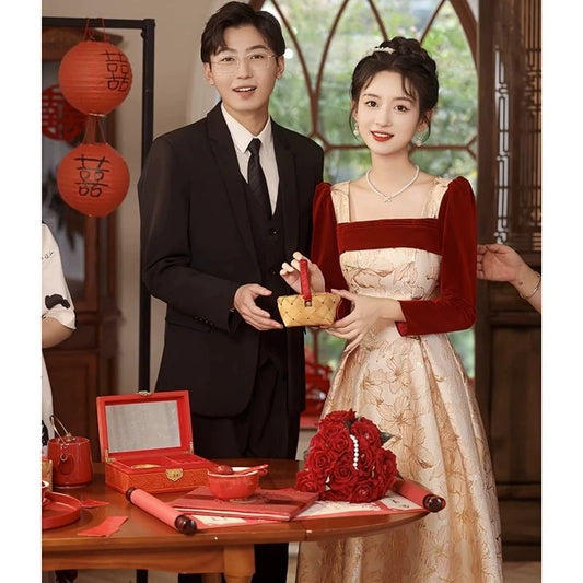 Long Sleeve Square Neck Velvet Panel Jacquard A-Line Evening Gown