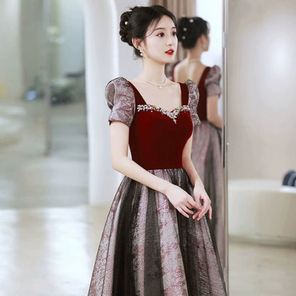 Short Sleeve Sweetheart Neck Beaded Mesh Panel Velvet A-Line Evening Gown