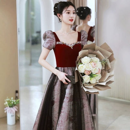 Short Sleeve Sweetheart Neck Beaded Mesh Panel Velvet A-Line Evening Gown