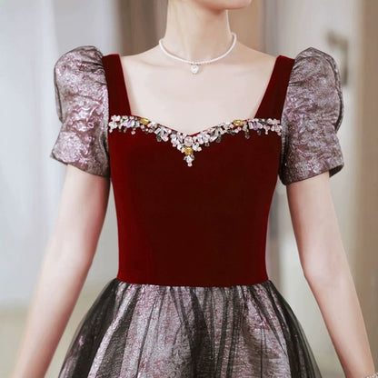 Short Sleeve Sweetheart Neck Beaded Mesh Panel Velvet A-Line Evening Gown