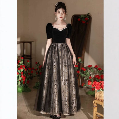 Short Sleeve Sweetheart Neck Patterned Print Beaded Trim Mesh Panel Velvet A-Line Evening Gown