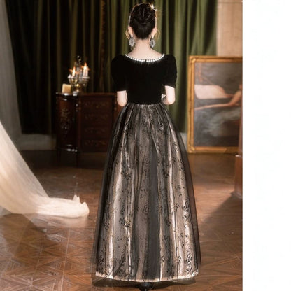 Short Sleeve Sweetheart Neck Patterned Print Beaded Trim Mesh Panel Velvet A-Line Evening Gown