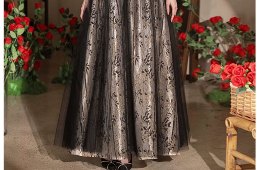 Short Sleeve Sweetheart Neck Patterned Print Beaded Trim Mesh Panel Velvet A-Line Evening Gown